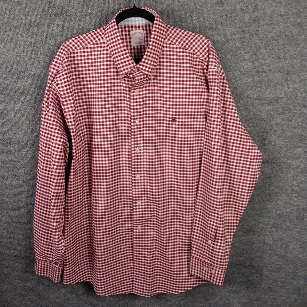 Brooks Brothers Non Iron Supima Cotton Gingham Shirt Mens XL Red Long Sleeve